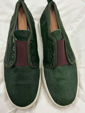 Moncler Men's Forest Green Slip-On Loafers with Brown Elastic.